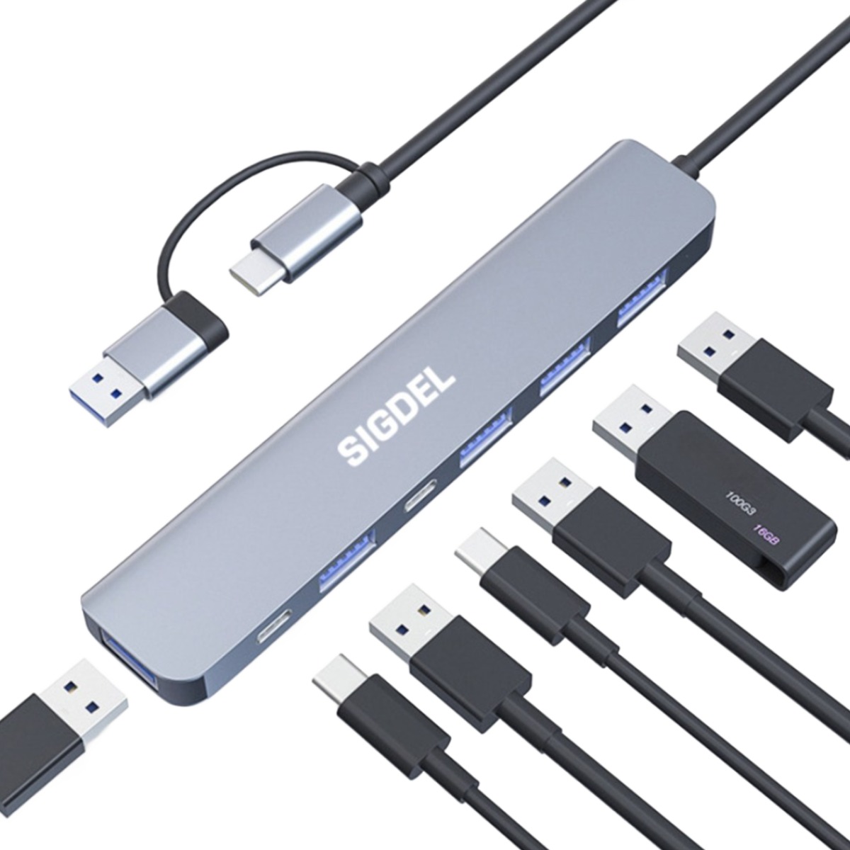 시그델 7in1 USB 3.0 C타입 겸용 멀티 허브 7포트 USB*5 C타입*2 젠더 C to USB 노트북 컴퓨터 확장 포트 UH-01, 메탈실버 23,900원