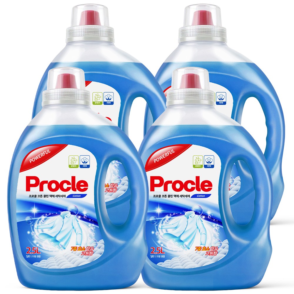 3+1 프로클 코튼 클린 액체 세탁세제 2.5L 실내건조 고농축 일반 드럼 겸용 일반용 드럼용, 4개, 2.5L 19,900원