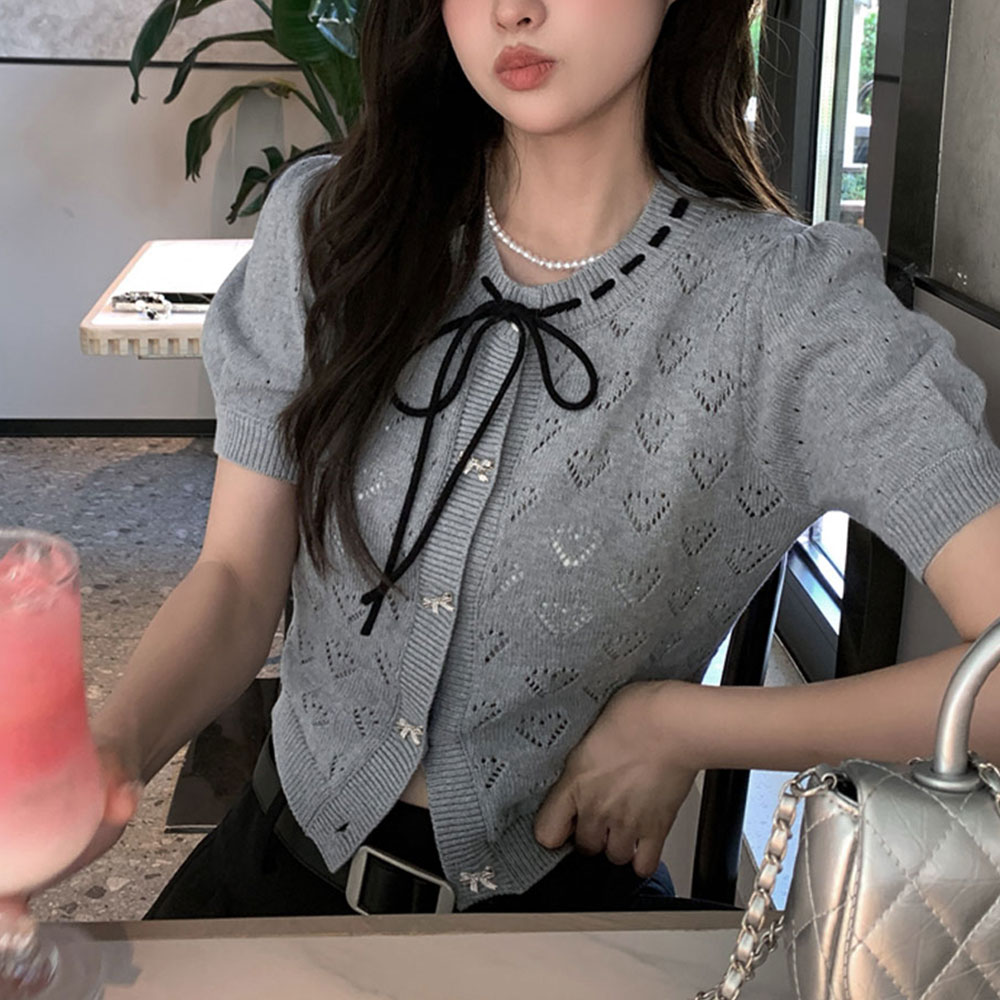 SOSISI 여성 반팔 니트 가디건 라운드넥 리본매듭 여름 가디건 H46147 20,900원