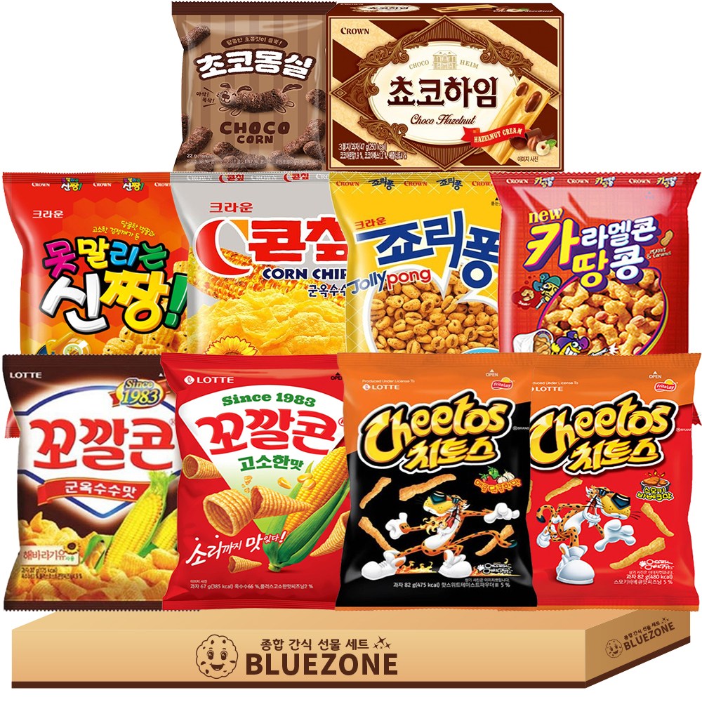 크라운 롯데 과자 스낵세트 쵸코하임 못말리는신짱 콘칲 죠리퐁 카라멜콘땅콩 꼬깔콘 고소한맛 군고구마맛 치토스 매콤달콤한맛 바베큐맛 초코몽실, 1박스, 혼합 13,900원