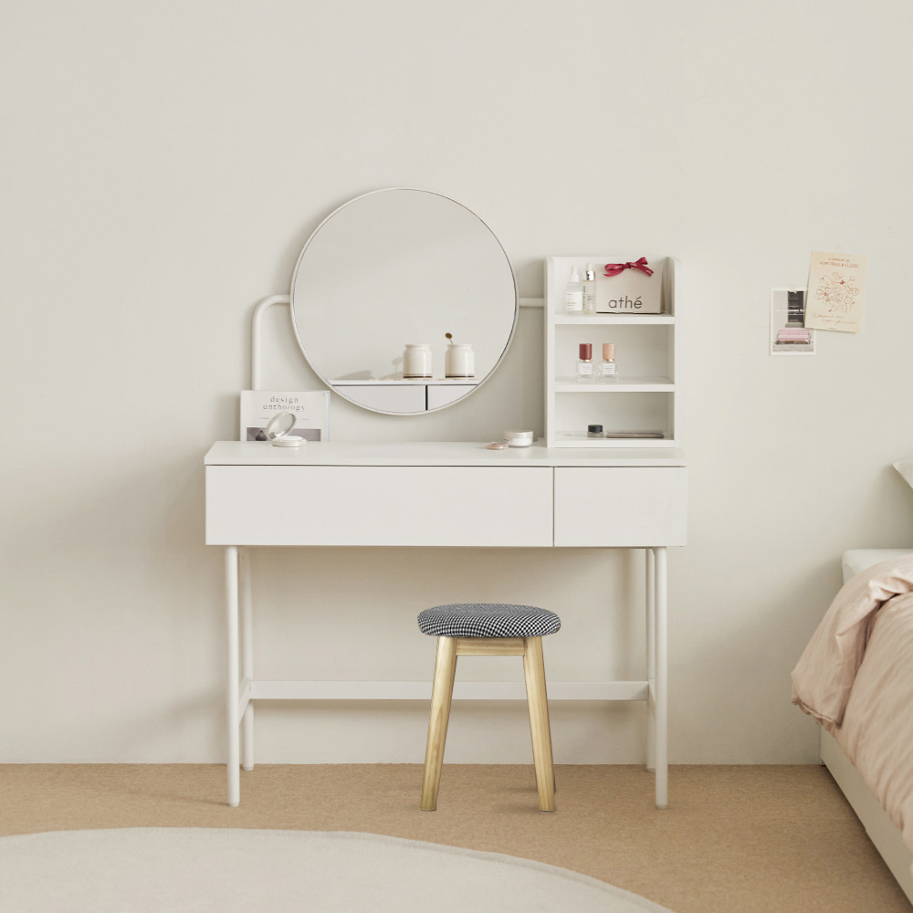 파로마 벨르 원형 거울 수납 화장대 + 원목 쿠션 스툴 세트 방문설치, 화이트 + 트위드블랙 203,000원