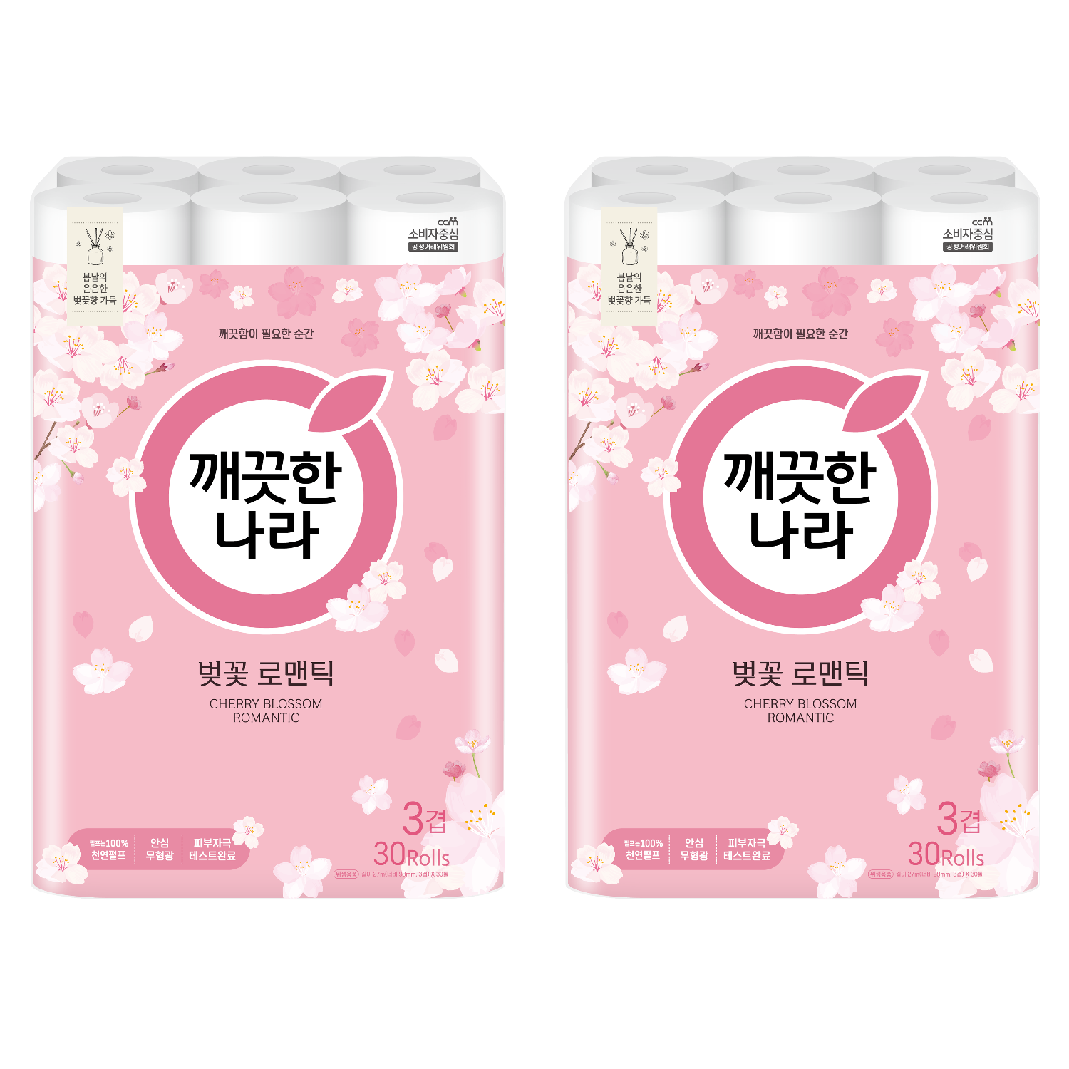 깨끗한나라 벚꽃 로맨틱 천연펄프 3겹 고급롤화장지, 현재가 30,600원