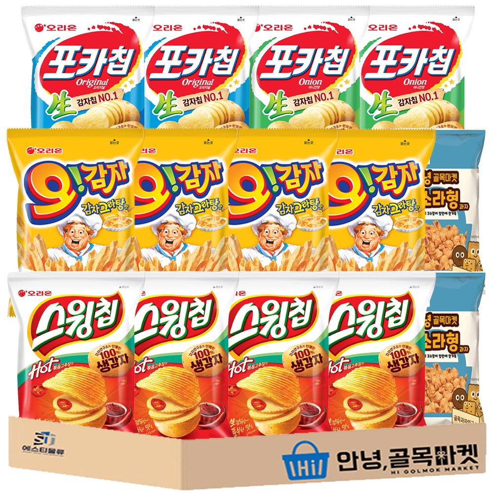 인기 과자 혼합 소형 14입 세트( 오리온 포카칩 오리지널 2 + 어니언 2 + 오감자 4 + 스윙칩 4 + 소라형 과자 4 ) 미니 스낵 3호 세트, 1세트, 봉지과자 15,580원