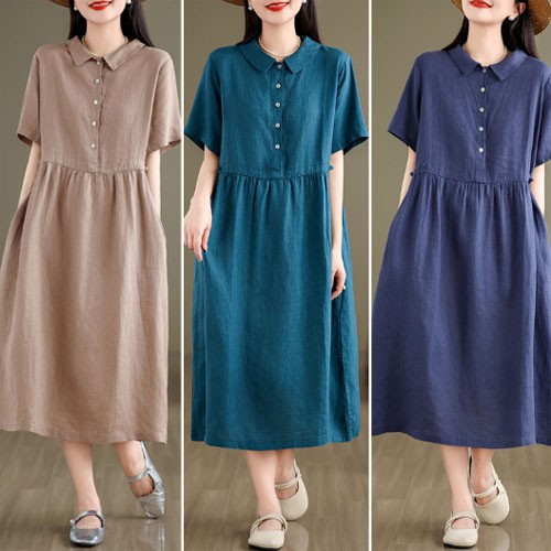 은창]린넨 컬러풀 웨이스트 버튼 롱 원피스 여름 치마 면혼방 빅사이즈 원피스 루즈핏 퍼프 반팔 롱원피스 44,480원