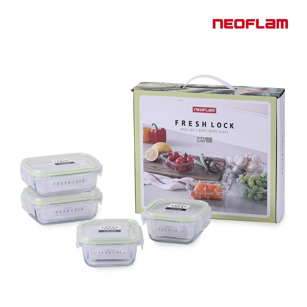 네오플램 프레시락 내열유리 밀폐용기 4종 세트 (전자렌지,오븐 사용가능), 1세트, "정320x2ea 직370x2ea " 30,000원