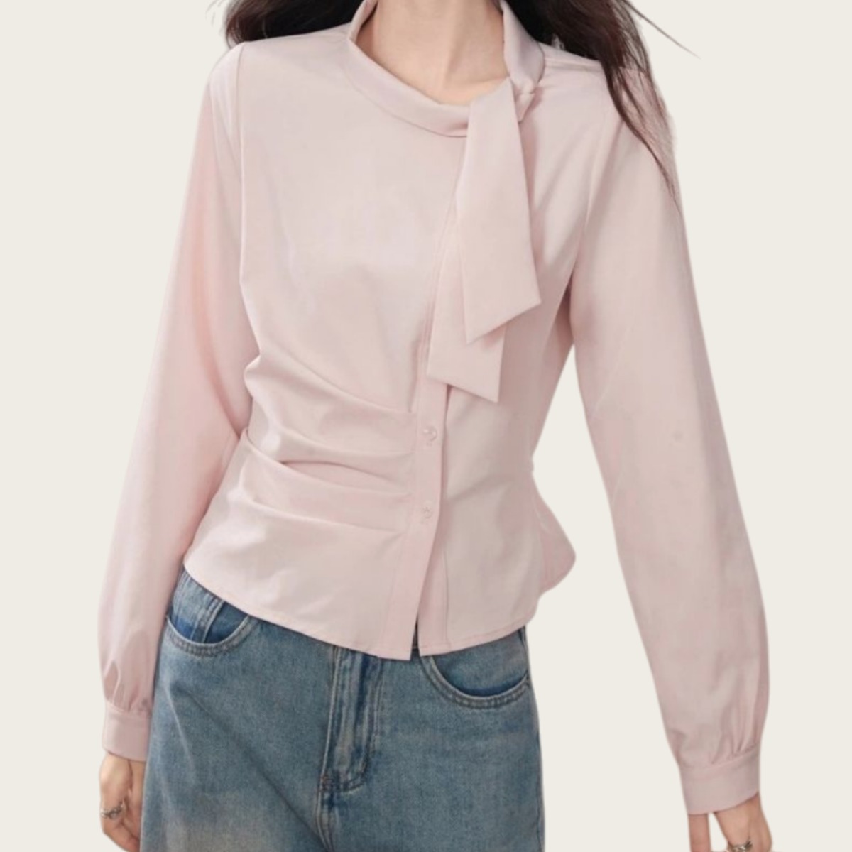 Makone 여성 봄 가을 라운드넥 타이넥 셔링 솔리드 캐주얼 블라우 26,900원