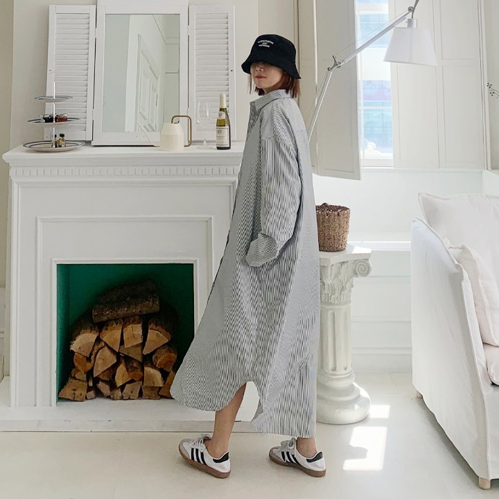 애플망고옷장 오버핏 긴팔 1204 테디 통 스트라이프 여성 롱남방 원피스 빅사이즈 셔츠 22,900원