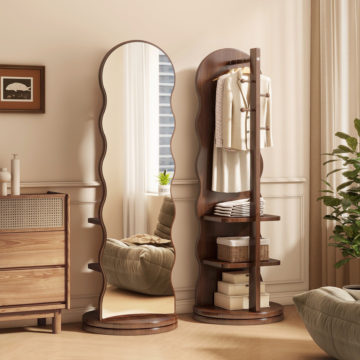 GOOD MOMENT 튼튼한 회전 전신거울 원목 수납 옷걸이 행거, 원목색 59,900원
