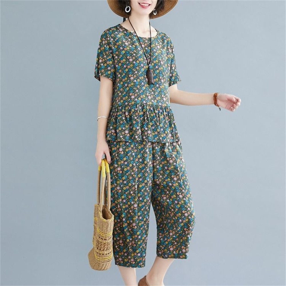 besteffie 여성 성인 여름용 면마 두 조각 세트 꽃무늬 러플 디자인 반팔 상의 및 하이웨이스트 팬츠 K19 25,520원