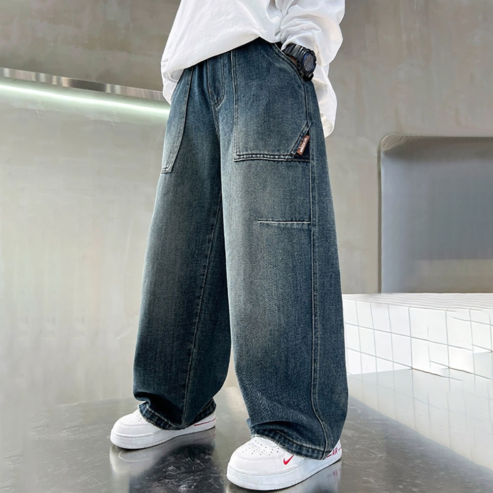 UPPERCUT 주니어 공용 데님 패치포켓 와이드팬츠 아동 청바지 밴딩청바지 워싱 데님팬츠 17,900원