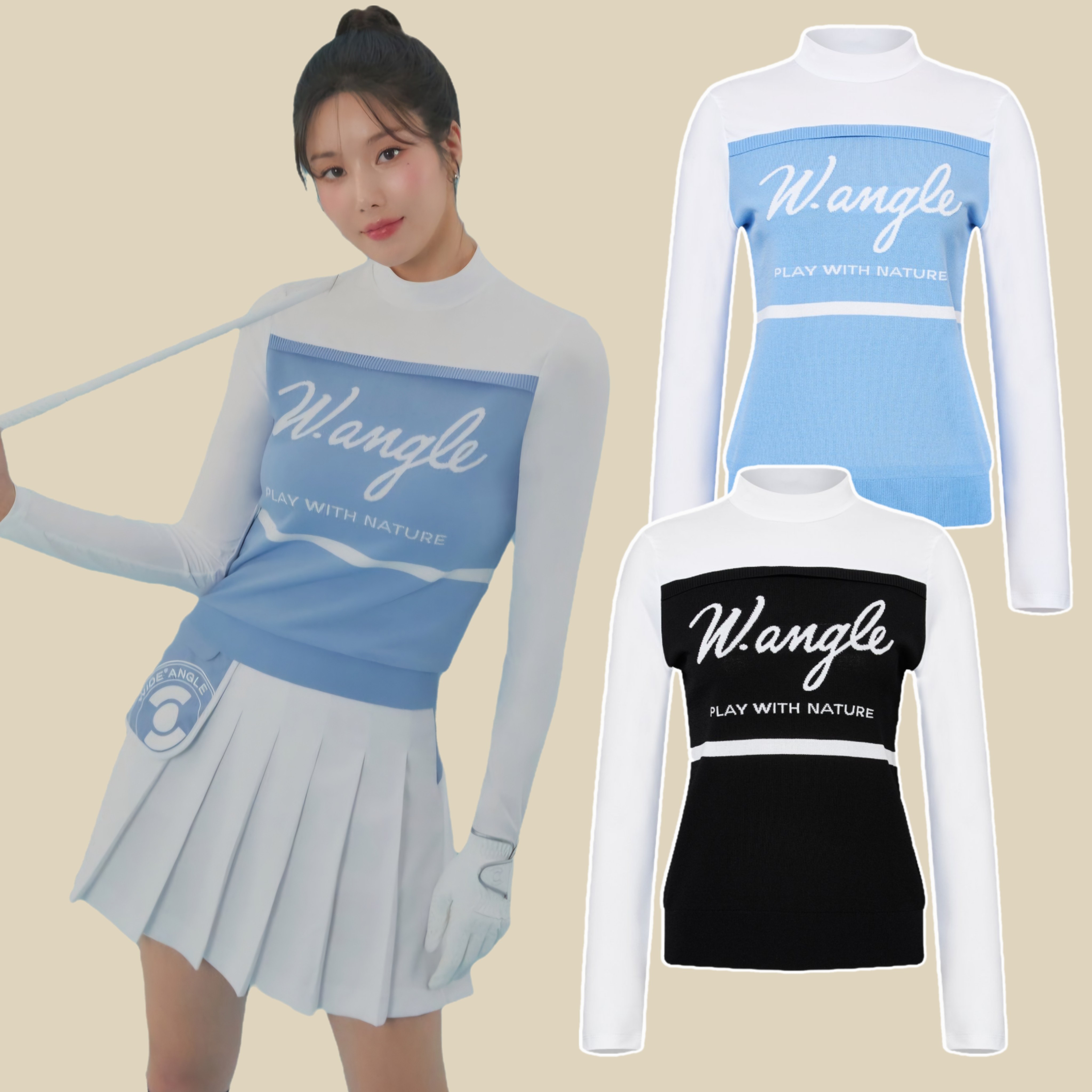 와이드앵글 여성 골프웨어 냉감 니트 W.ICE 배색 인타샤 모크넥 스웨터 WWM25K33 143,000원