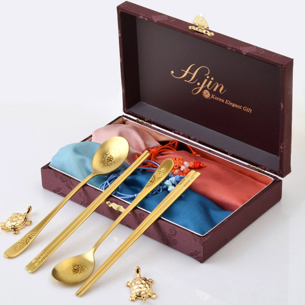 상감 금거북 효 골드티타늄 2인 고급 국산 수저세트/ 숟가락 젓가락 커트러리, 1박스, 수저세트, 골드 64,000원
