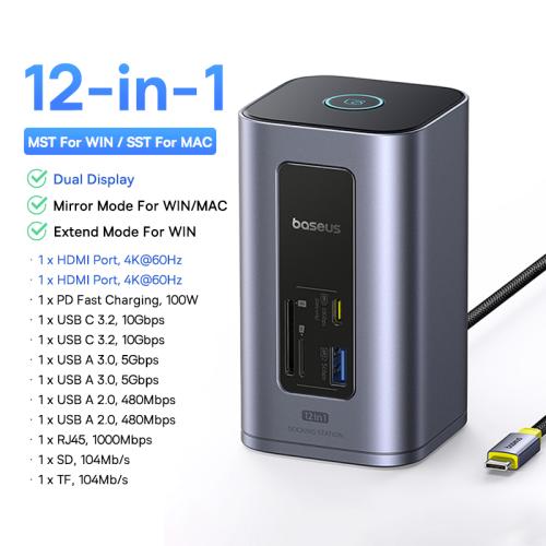 Baseus HUB 12-in-1 USB C 3.2 - HDMI 4K60Hz 듀얼 디스플레이 USB 어댑터RJ45 SD TF PD 100W 도킹 스테이션 포함 Window Mac 121,990원