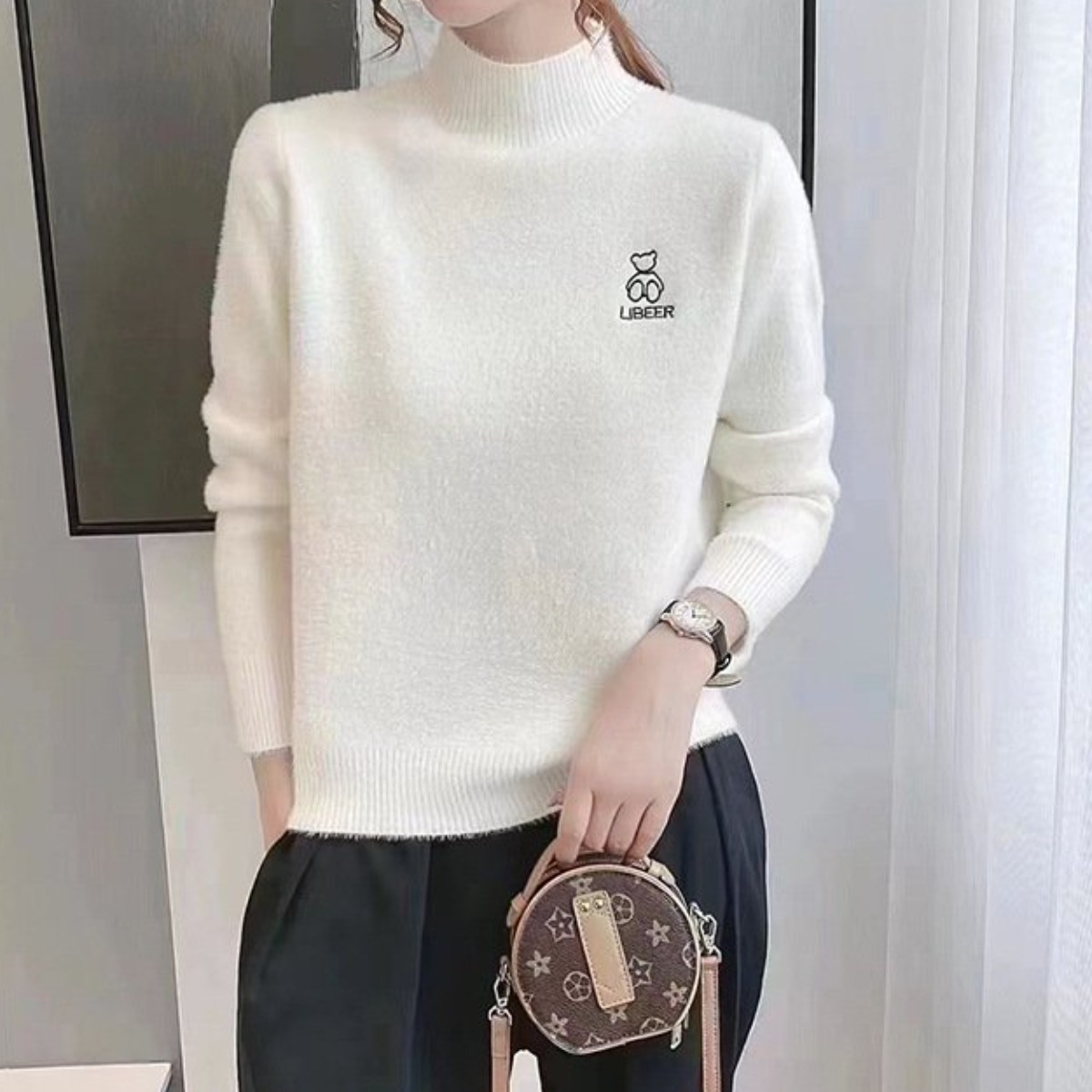 봄가을 신상 한국판 반 높이 라운드 넥 루즈핏 여성 스웨터 니트 베이스 셔츠 일리시한 상의 우아한 브이넥 골지 긴팔 티셔츠 32,720원