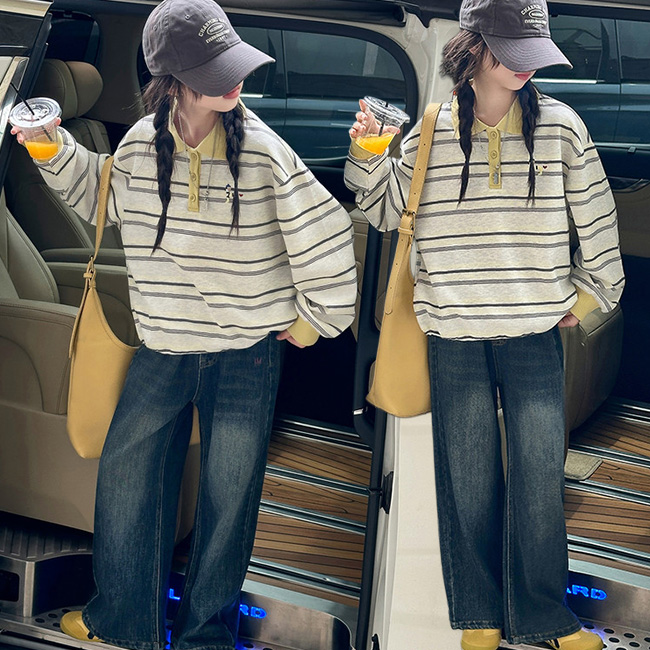 나나키즈 여아 신상 봄 가을 초중생 강아지 자수 스트라이프 카라티 줄무늬 상하복 세트 주니어 긴팔 상의+하의 세트 초등생 데님 긴바지  (99585) 44,800원