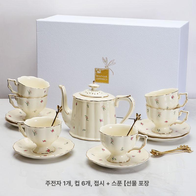 프렌치 빈티지 세라믹 커피잔 커피컵 세트 유럽풍 티타임 선물용, 대형 입구 플라워 패턴 주전자 1개 키 6개, 1개 143,700원