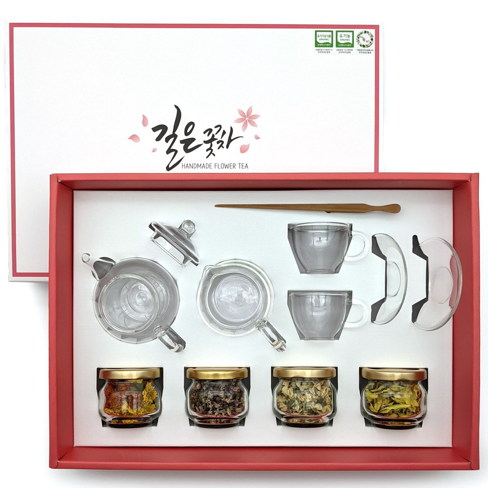 길은꽃차 유기농 꽃차 다기 선물 세트 프리미엄 (유기농 꽃차4병 + 다기세트 + 차집게 + 쇼핑백) 110,000원
