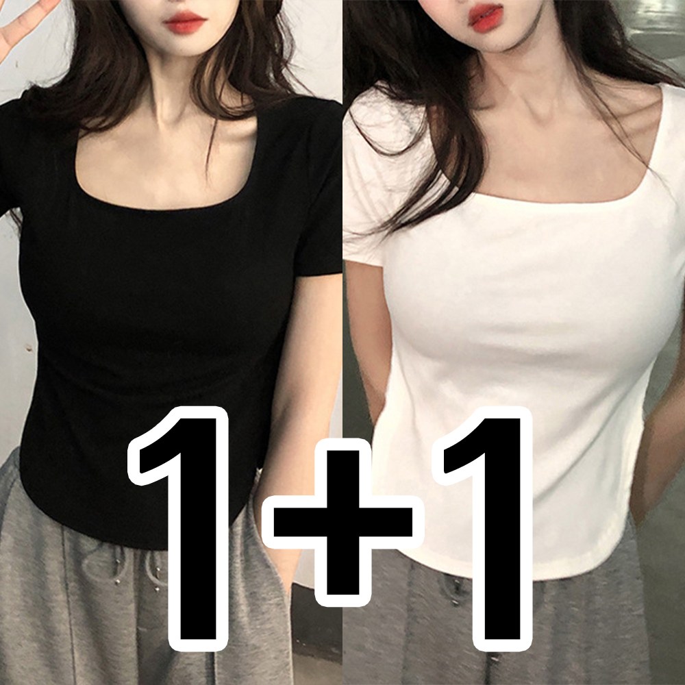 cammello 스퀘어넥 라운드 트임 밑단 반팔 티셔츠 기본핏 반팔티 2P 16,900원