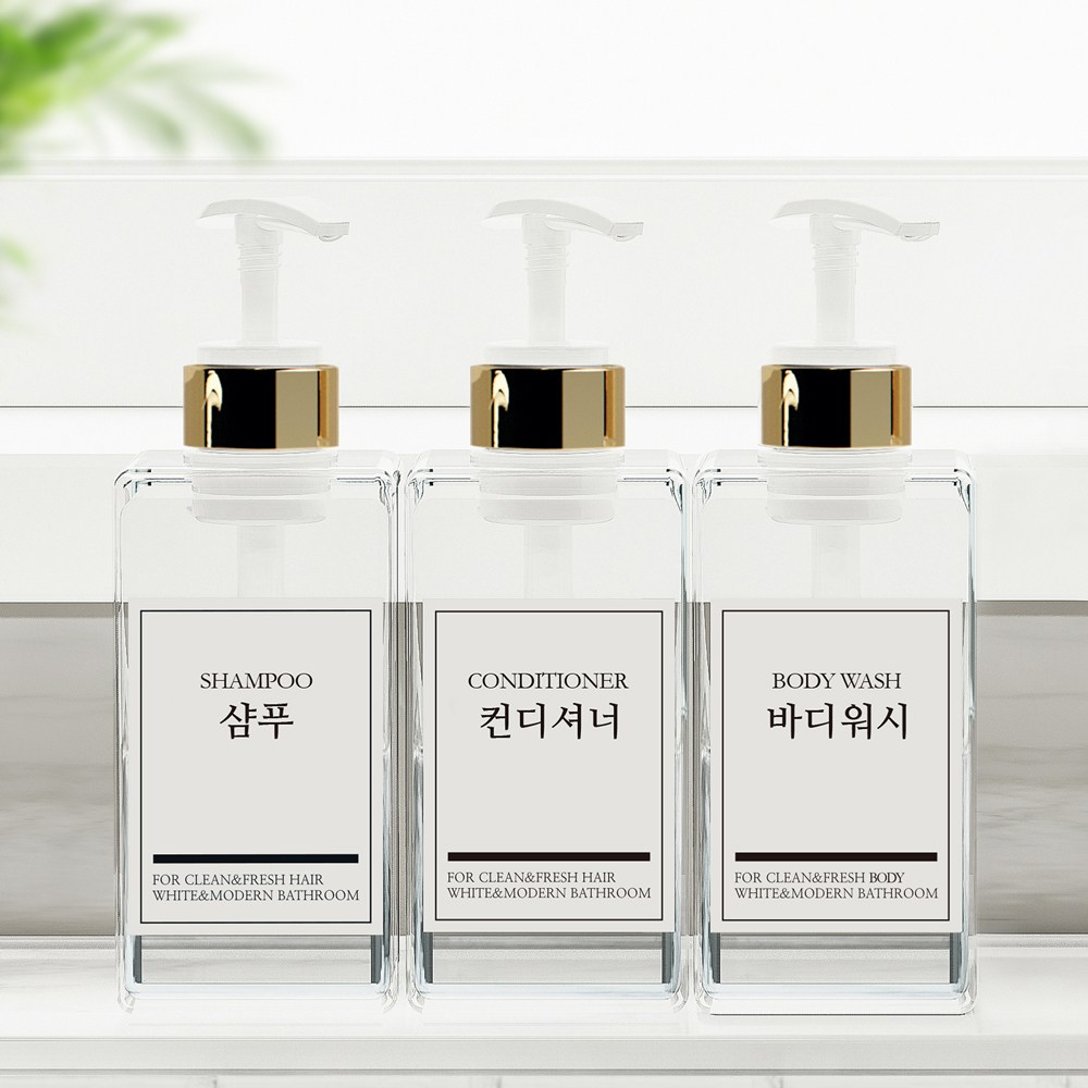 모든집 호텔 욕실 디스펜서 샴푸통 500ml+방수라벨 3구 세트, 1세트, 욕실세트_500ml(투명용기+골드펌프+한글3종) 14,490원