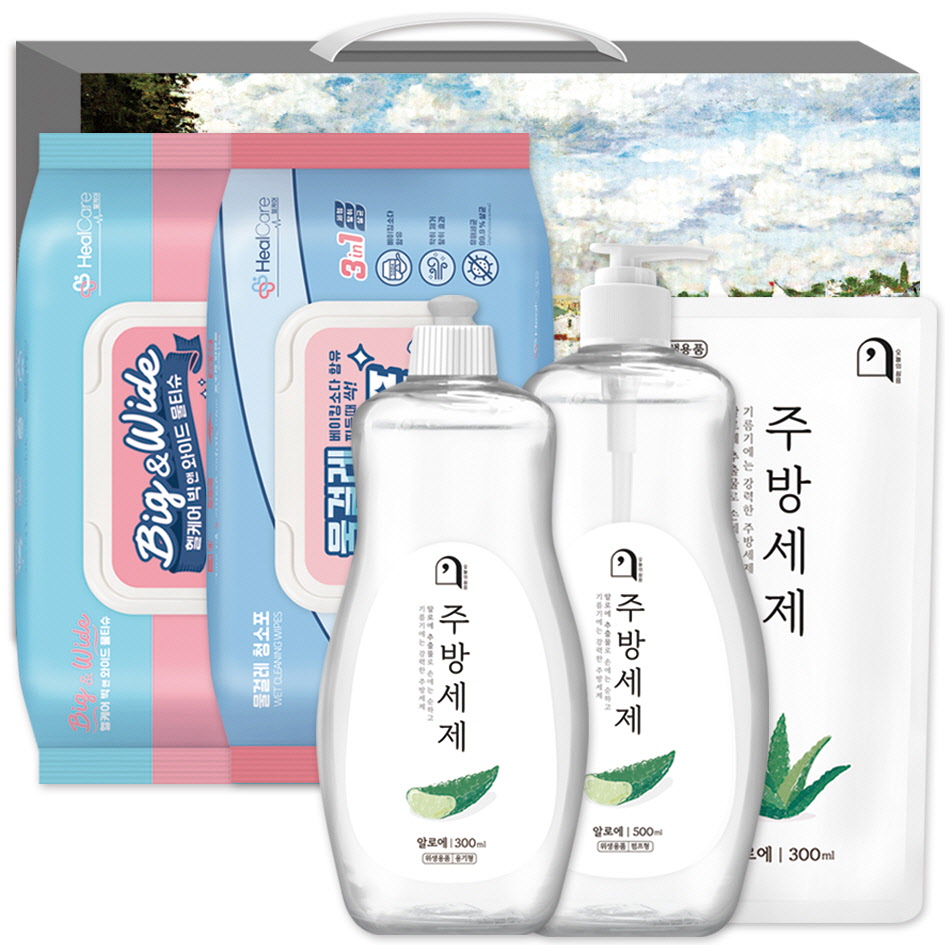 오늘의쉼표 세제 선물세트 답례품 알로에 64호 (주방세제 용기 300ml + 펌프 + 리필 + 빅앤와이드물티슈 + 물걸레청소포), 1개 10,530원