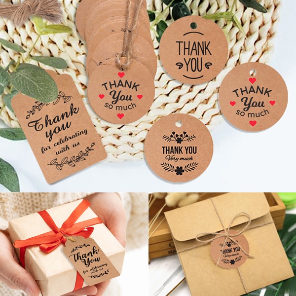 (100장+마끈)땡큐 크라프트 종이 원형 사각 택 태그 감사선물 포장 데코 선물끈 마끈 5,900원