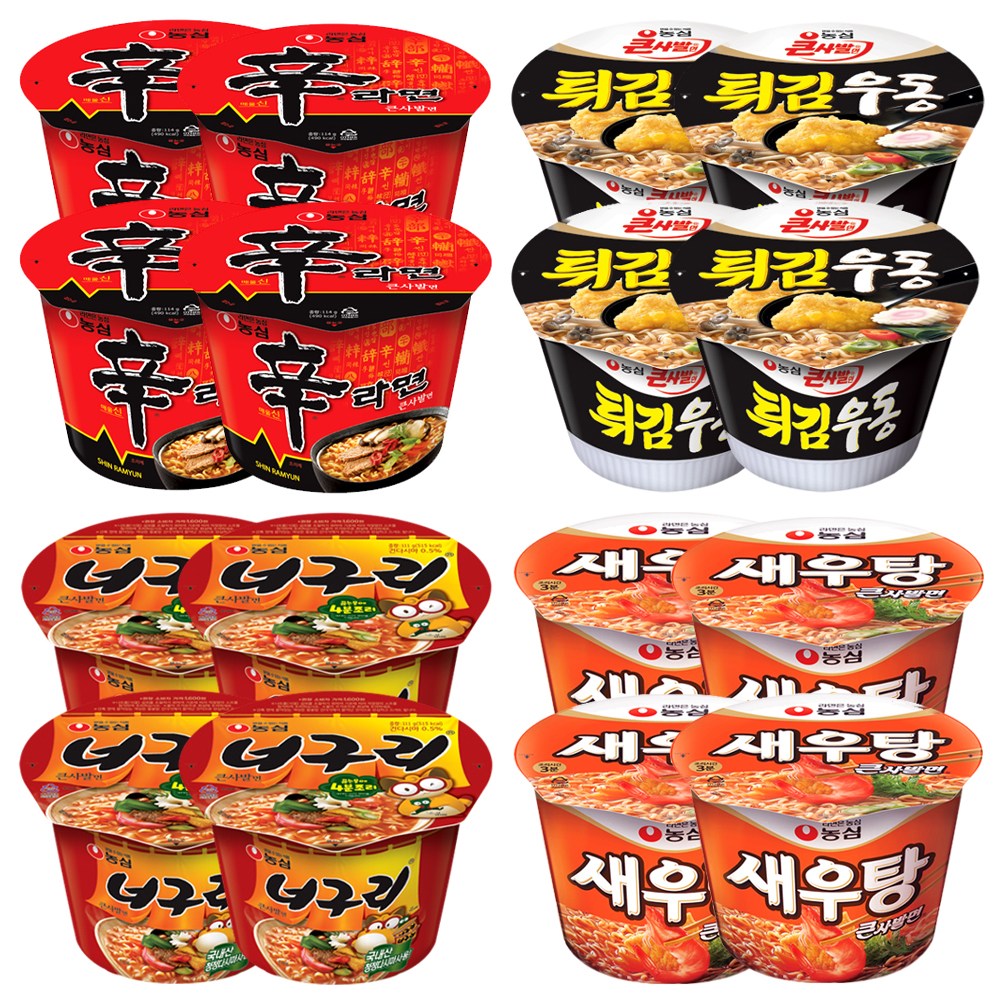 농심 컵라면 4x4세트 큰사발 16개 새우탕 너구리 튀김우동 신라면 큰컵 매운라면 세트 모음, 16개 25,000원