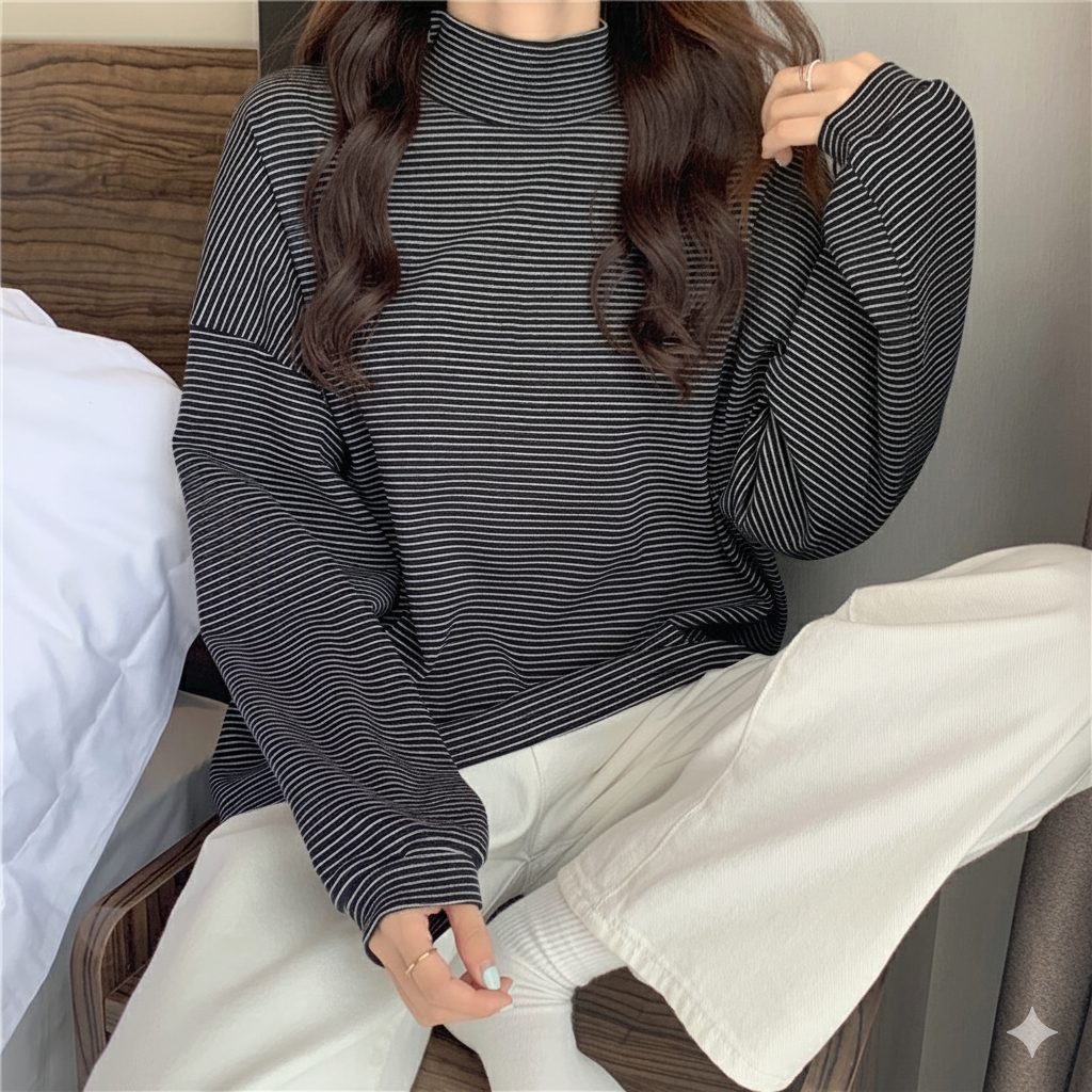 소비르 루즈핏 스트라이프 반폴라 목폴라 빅사이즈 티셔츠 18,300원