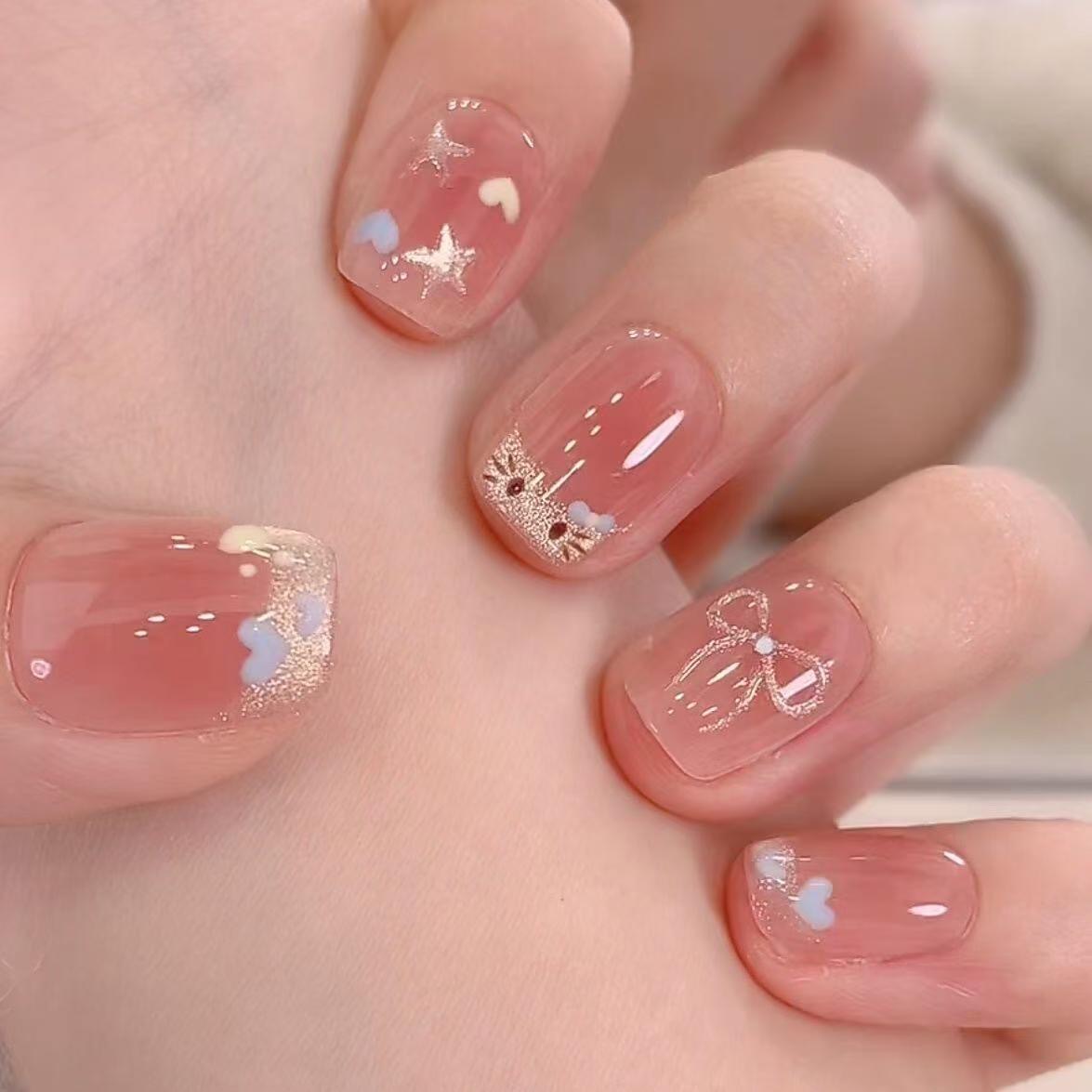 해피유통 하트 장식 네일 컬러 로맨틱 별과 리본 디자인 네일팁, 1개, XS 11,500원