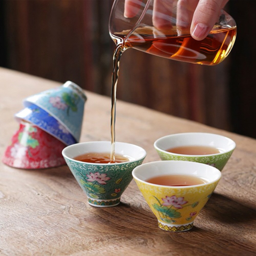 레트로 연꽃 다기 찻잔 70ML 6P세트 전통 도자기 플라워 사케잔 술잔 48,150원