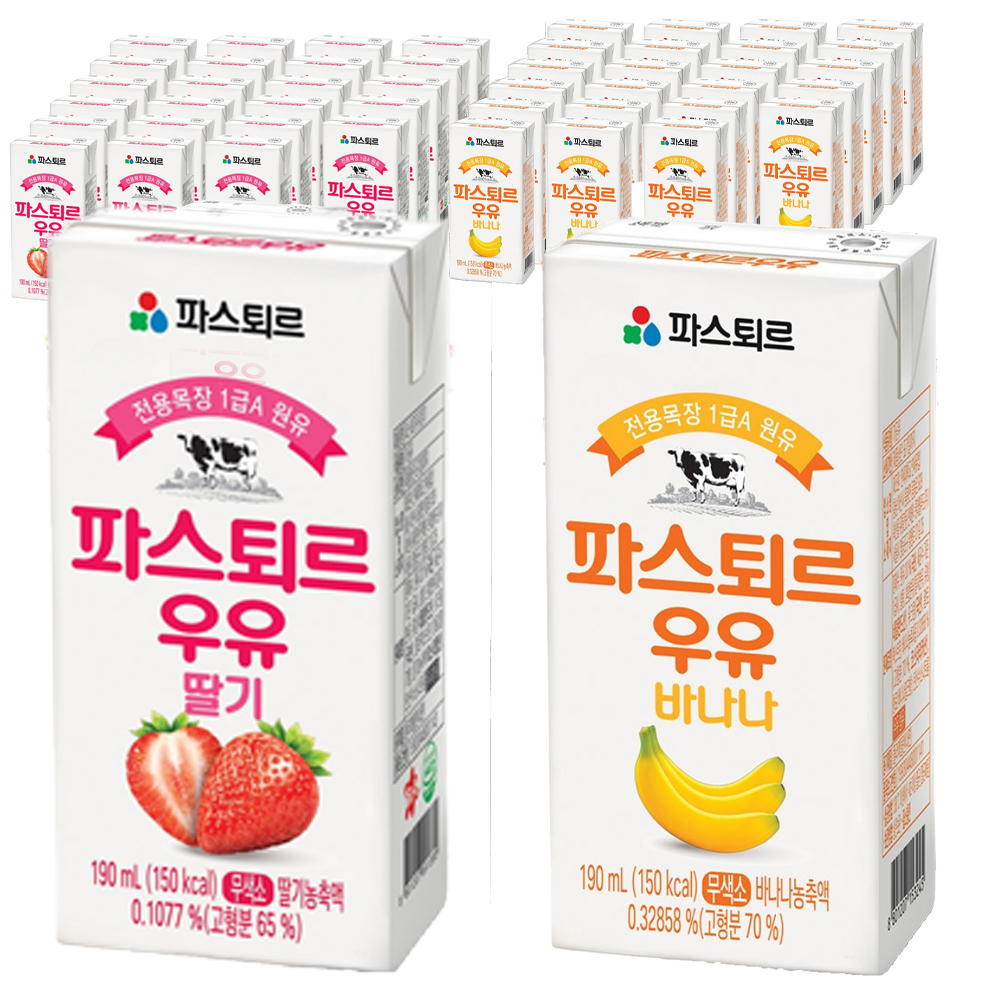 파스퇴르 우유 바나나 190ml 24p + 딸기 190ml 24p 30,830원