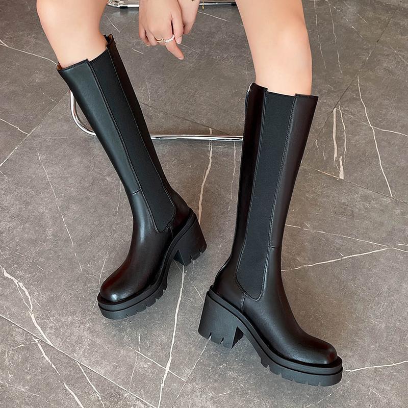 소가죽 롱부츠 여성 라이딩 첼시 통굽 롱 부츠 8CM 73,200원