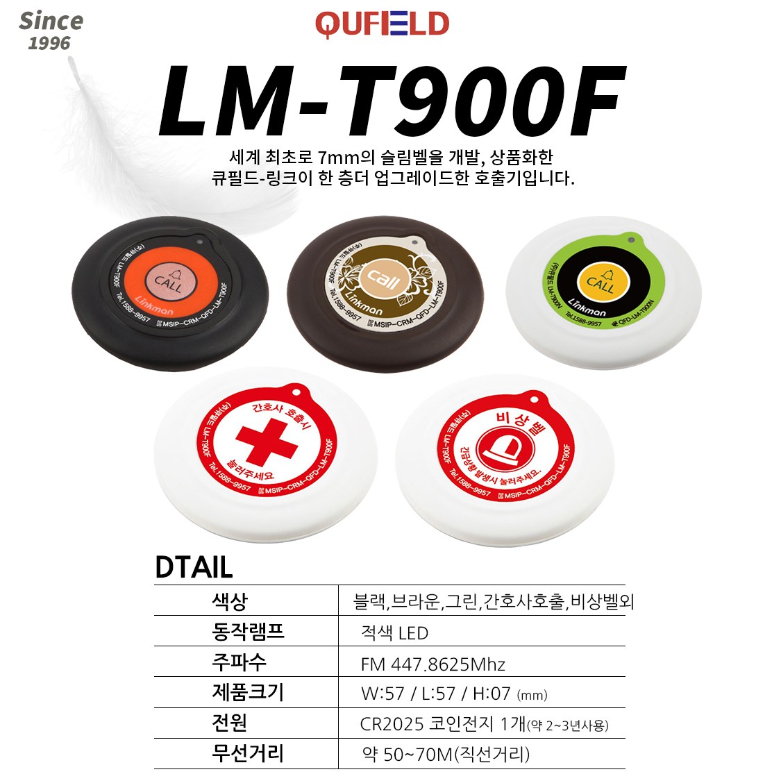 큐필드,링크맨,LM-T900F,무선 모니터용,비상벨,응급벨,도움벨,안전벨,산업체,병의원,관공서,공공시설,외식업,모니터 및 중계기 별도구매 6,750원