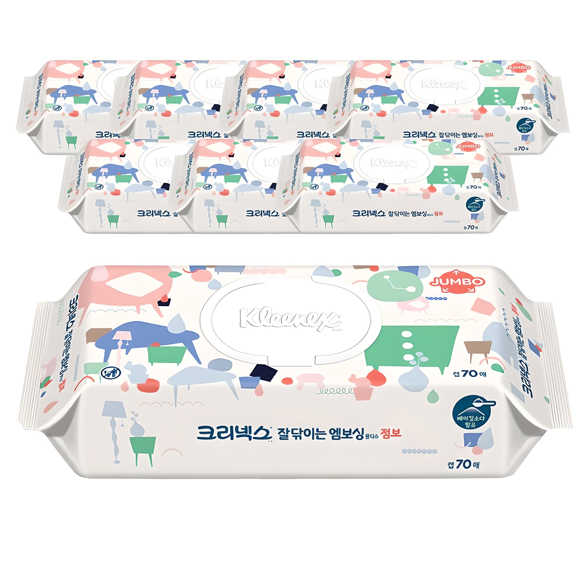 크리넥스 잘닦이는 엠보싱 점보 물티슈 캡형, 274g, 70매, 8개 14,320원