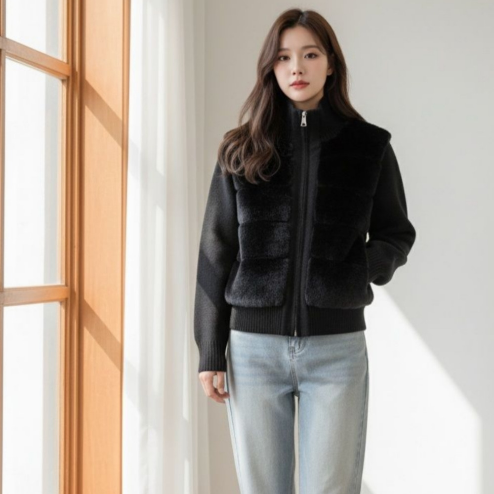 노나네 겨울 인조퍼 니트 하이넥 집업 포근한 퍼자켓 아우터 4컬러 55,000원