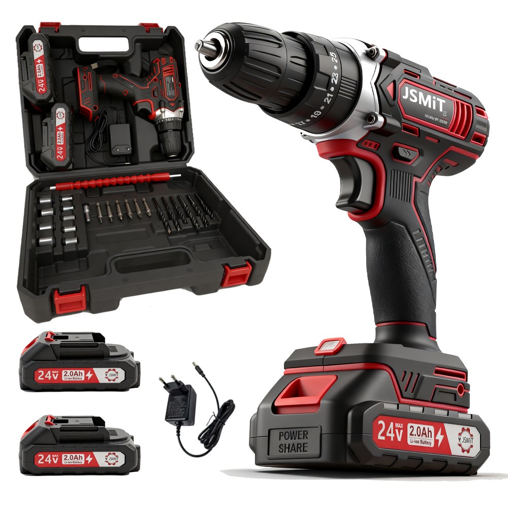 [국내 배송 ]JSMiT무선 전동 드릴 드라이버 24V 고급형 충전 전기 드릴 고급형 베터리 풀세트(25 속도 조절+충격 기능), 1세트 97,790원