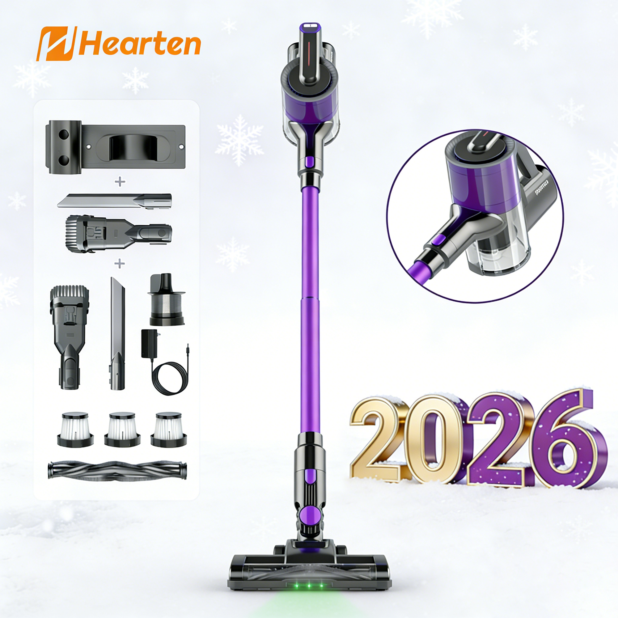 [ 새해 ]Hearten 무선 청소기 다용도 25000pa+고급 HEPA+ LED+디지털 디스플레이+6in1;+자유 조절; 저소음 최신 원룸/차량용/애완동물 휴대용 청소기, Purple 101,770원