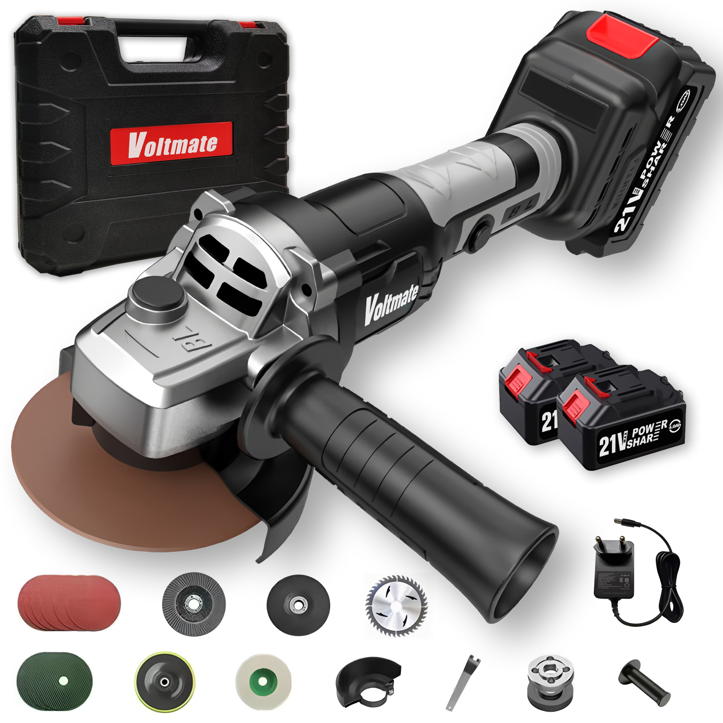 국내발송 VoltMate 독일 21V BLDC 무선 충전식 전동 브러시리스 그라인더 3단 조절 가능 전력량 표시 연마기/광택기 4000mAh 배터리 2개 세트, 1세트 113,850원
