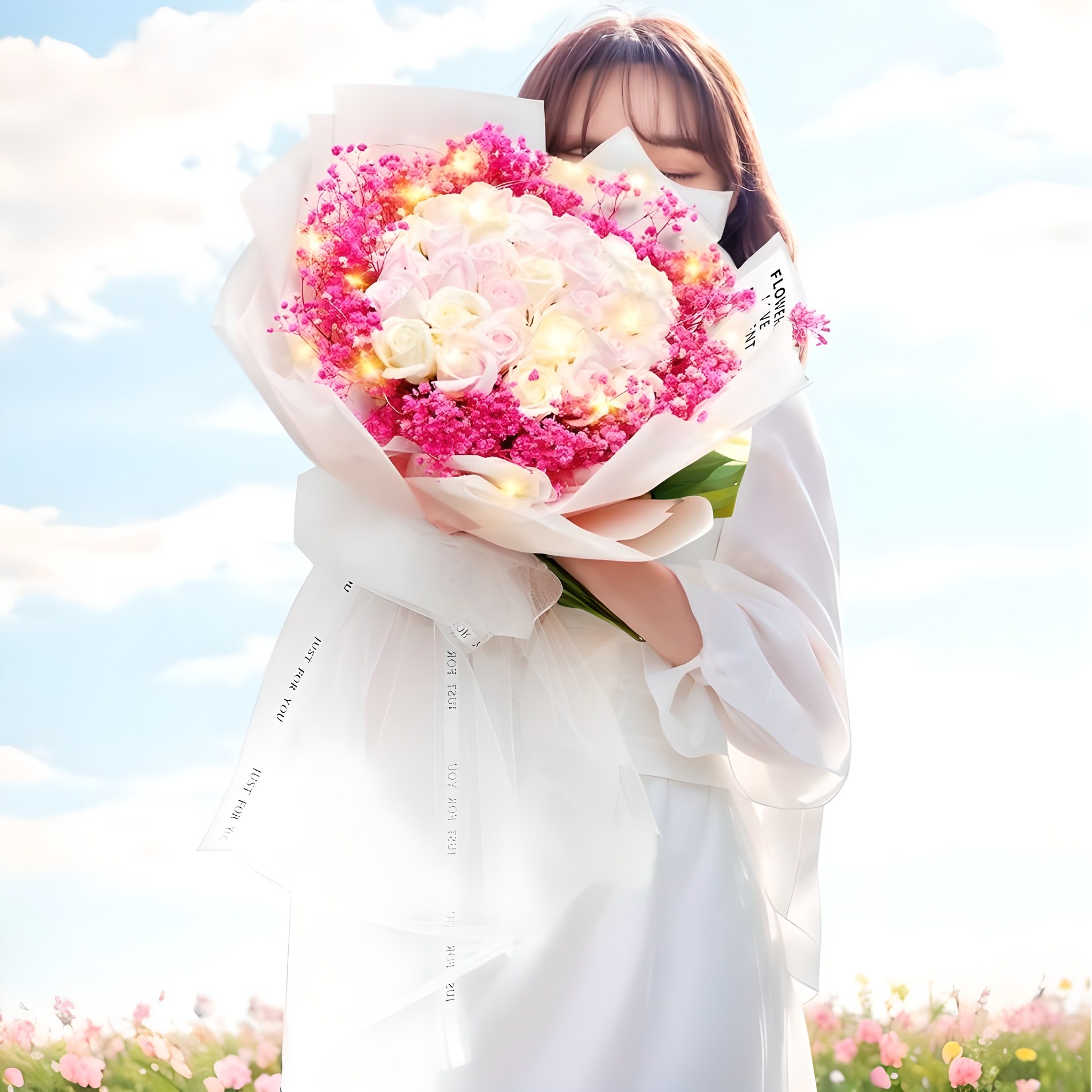 "다 잘될꺼야" 아르띠콜로 LED 장미 안개꽃 대형 꽃다발, 핑크 45,680원