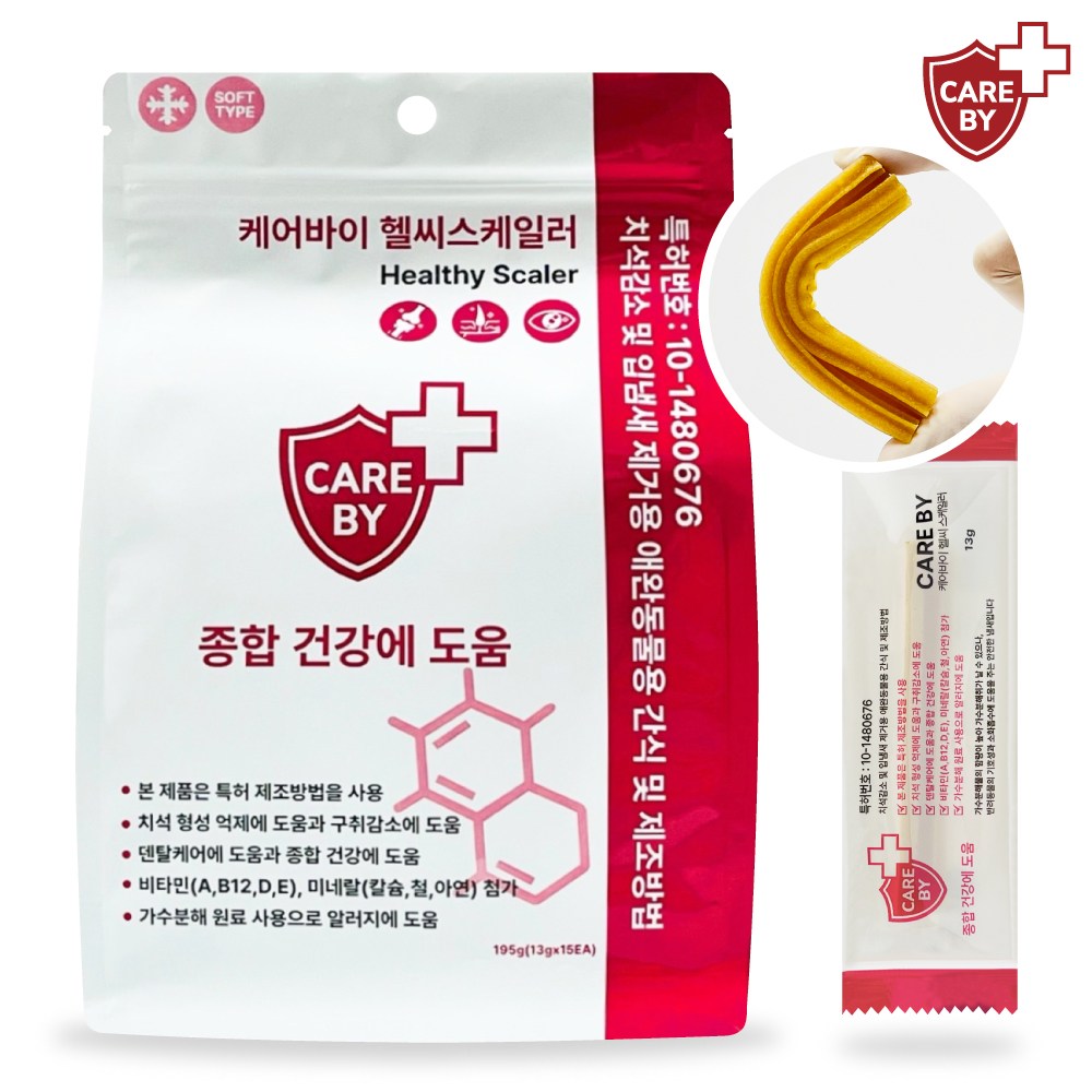케어바이 강아지 덴탈껌 치석특허 헬씨스케일러 가수분해 츄 양치간식, 195g, 1개, 15개입 9,800원