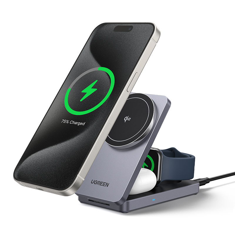 UGREEN 유그린 MagFlow Qi2 3-in-1 25W 마그네틱 무선충전 스탠드 아이폰12이상 시리즈,에어팟4 3 2 Pro,애플워치등 기기 지원된 접이식 무선충전기 73,500원