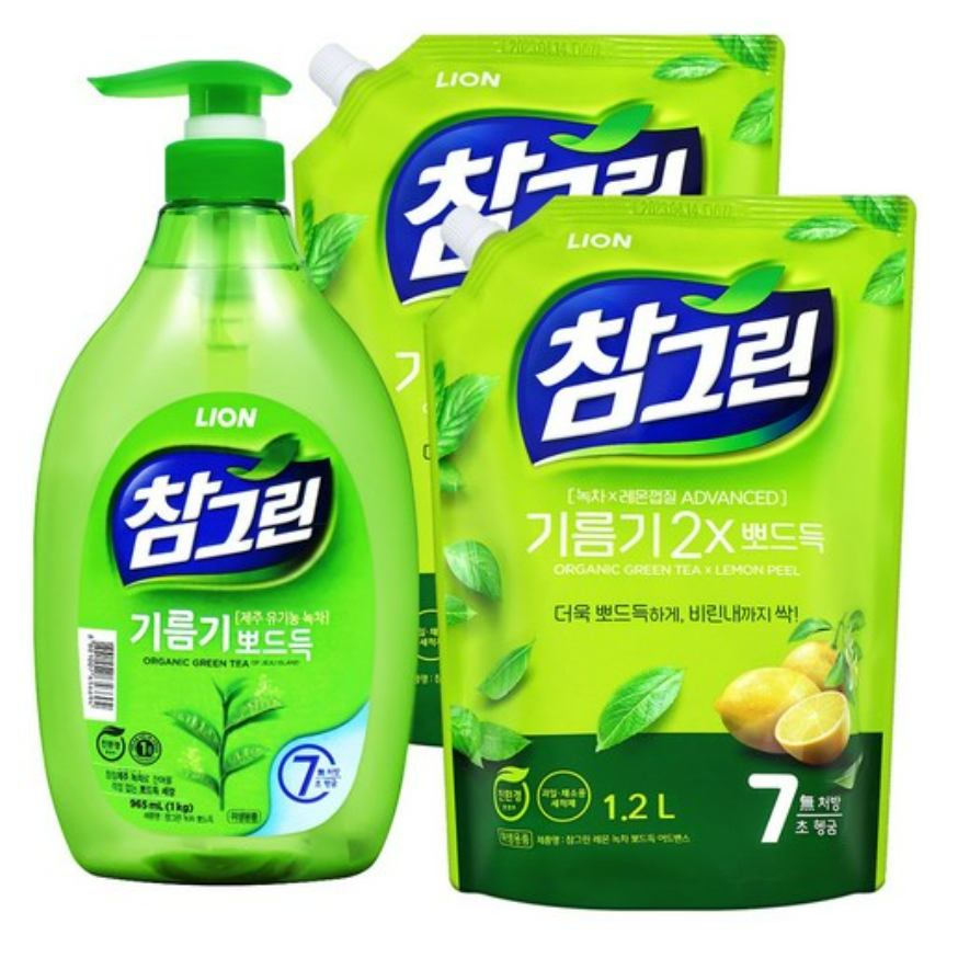 참그린 녹차 기름기 뽀드득 주방세제 용기 1kg 1개+리필 1.2L 2개 12,800원
