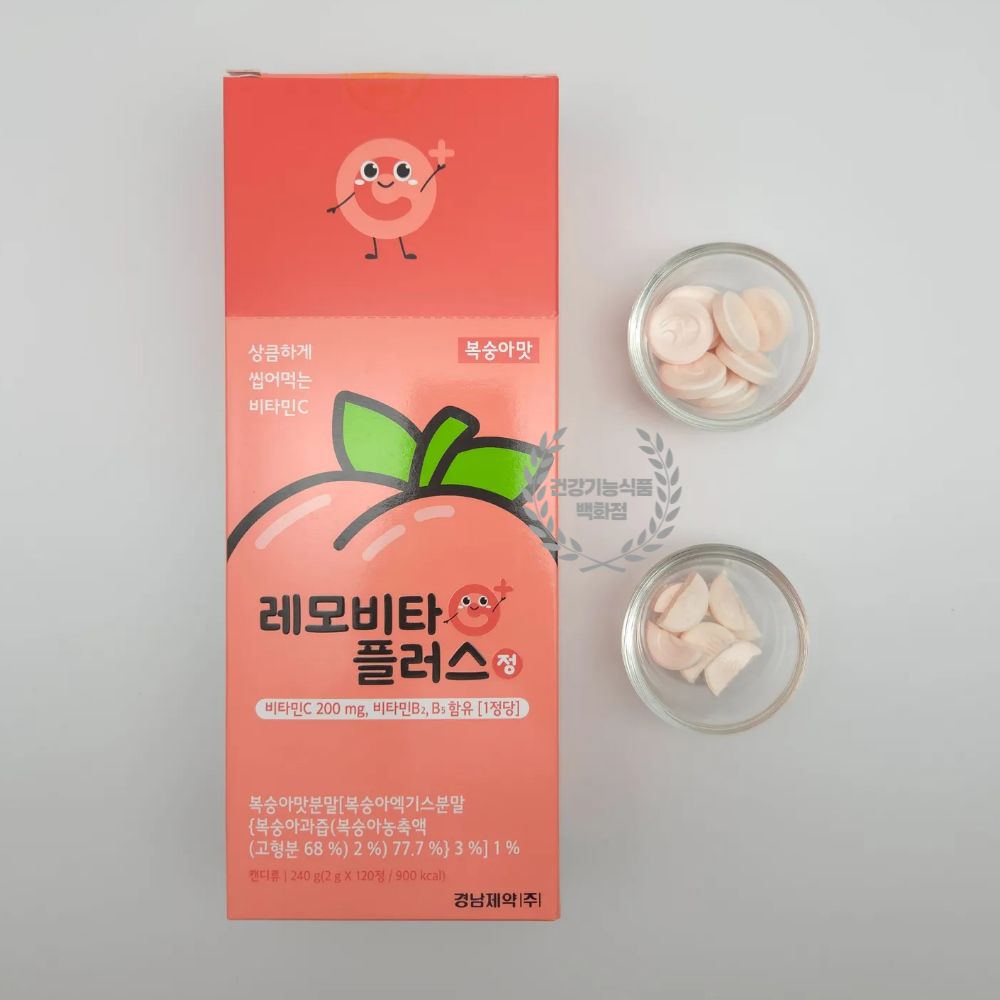 학생 간식 선물 어린이집 답례 씹어먹는 비타민C 영양제 츄어블비타민 경남 레모비타플러스 복숭아맛 120정, 1개 8,500원