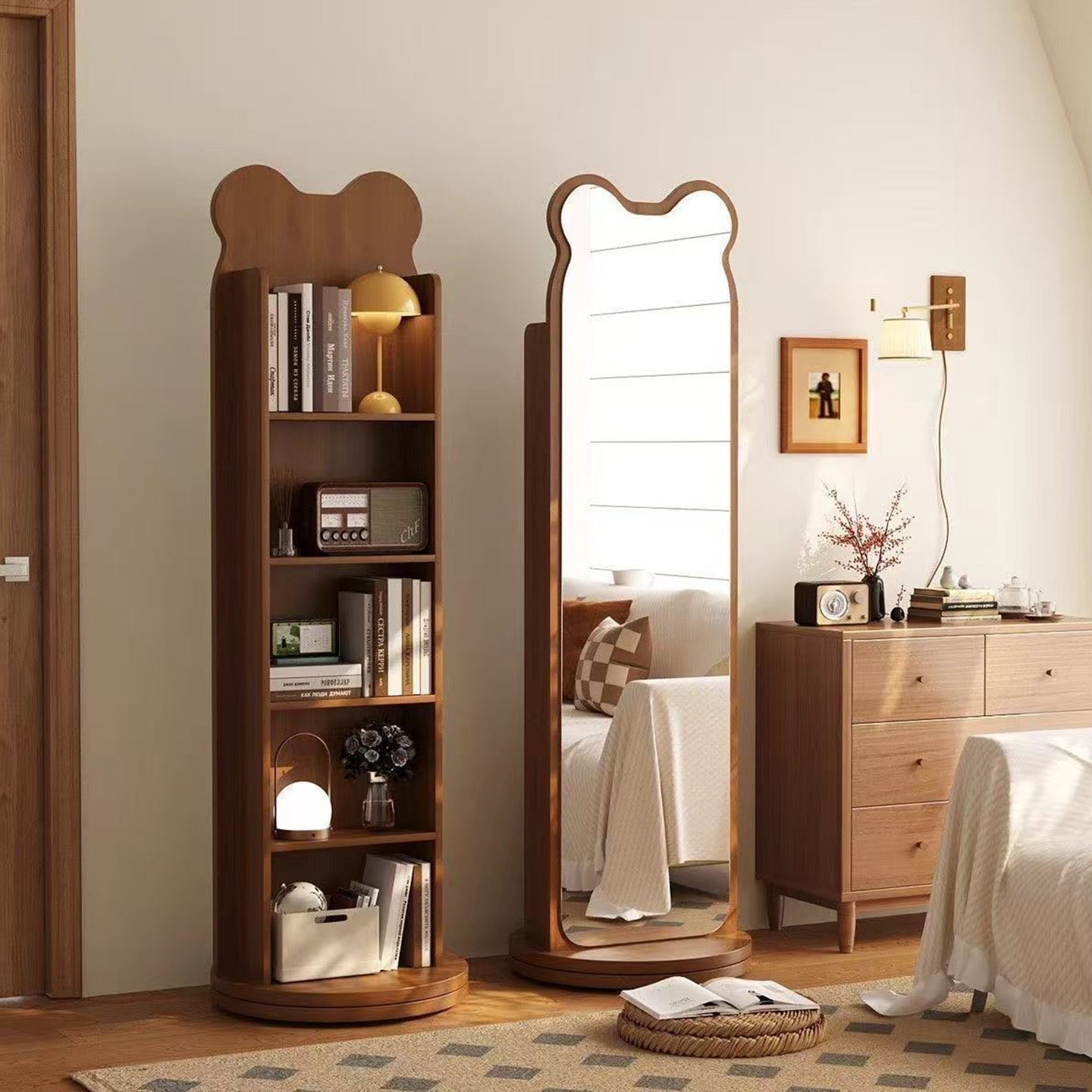 GOOD MOMENT 원목 전신거울 책장 수납 선반 일체형 360도 회전 책장 책꽂이 전신 거울 수납장 드레스룸 침실 인테리어 필수템, 곰모양, 5단 55,900원