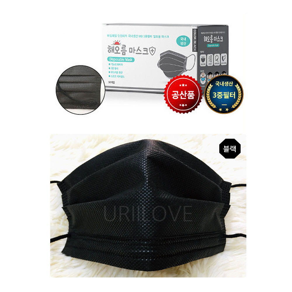 국산 해오름 마스크 3중구조 대형 블랙 검정 100매 (50매x2개) 17,900원