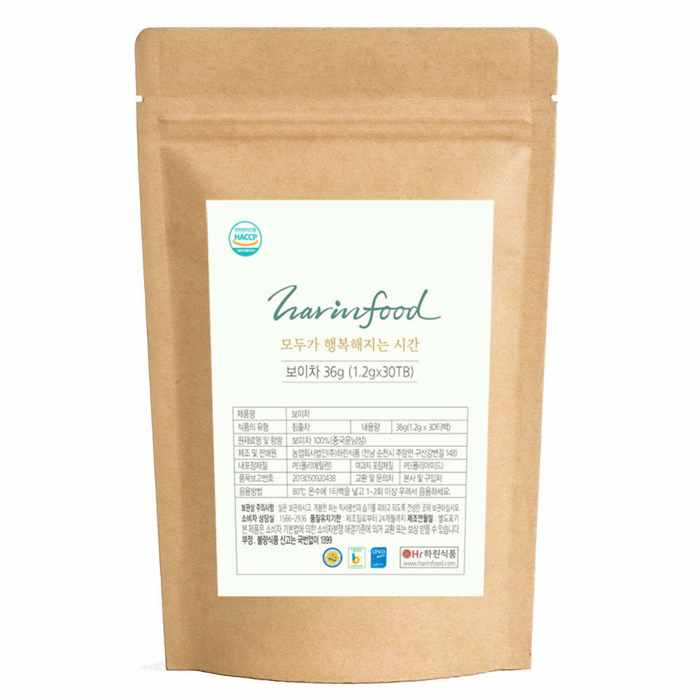 하린식품 HACCP 보이차 (1.2gx30티백) 중국 운남성 100%, 225g, 5개, 1.2g, 30개입 52,000원