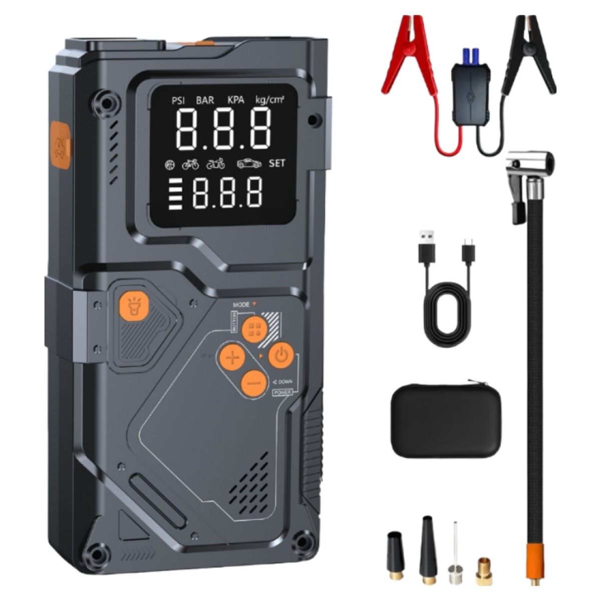 [5 in 1 올인원] 다용도 긴급시동 차량용 점프스타터 에어 컴프레셔, 대용량 보조배터리 LED라이트 타이어 공기압 체크, 12000mAh, 1세트 99,800원