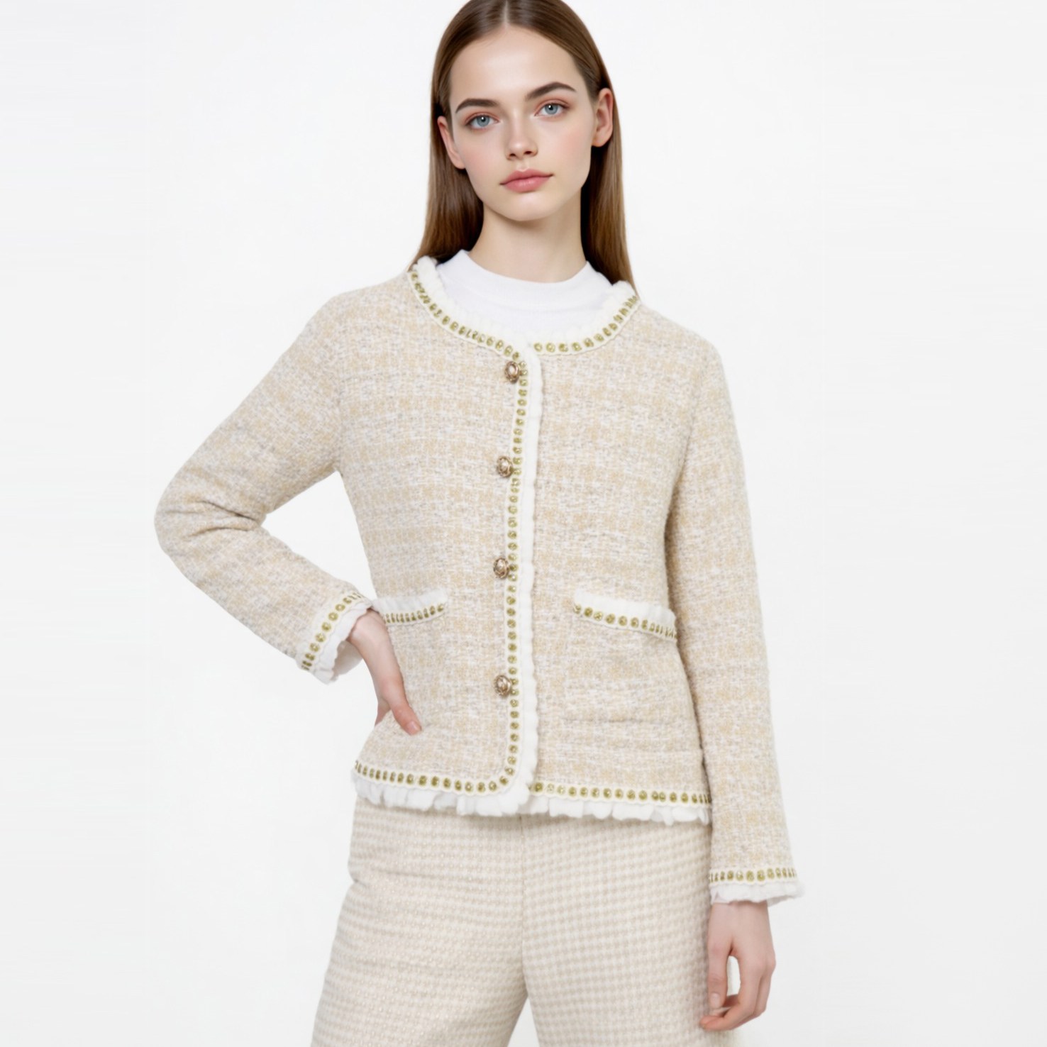 여성 간절기 골드 단추 여성 트위드 레이스 자켓 74,800원