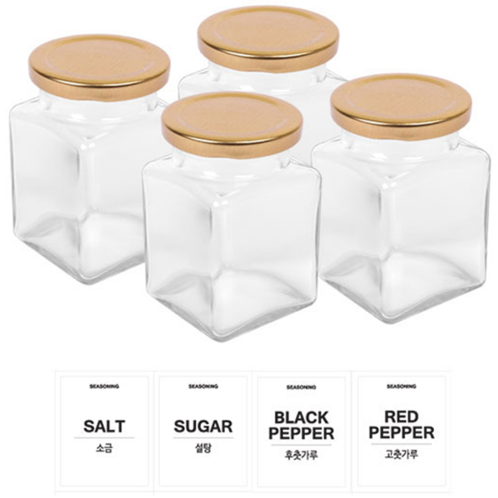 홈앤라이프 유리 양념통 사각 200g 세트, 1세트, 유리병 4p + 금속러그캡 4p + 스티커 4p 7,800원
