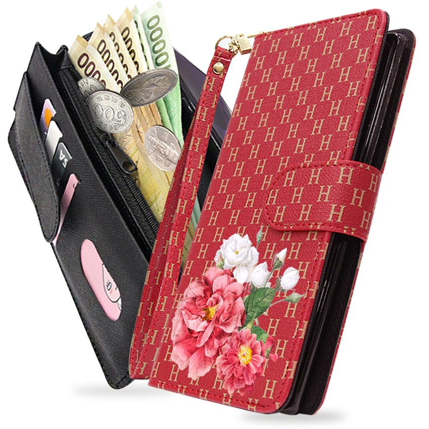 동전수납과 5만원지폐 4장의카드 수납 손목줄스트랩 4가지 색상의 히말라야H 플라워 꽃그림 지퍼 다이어리 케이스 지갑형 핸드폰케이스휴대폰케이스 9,900원