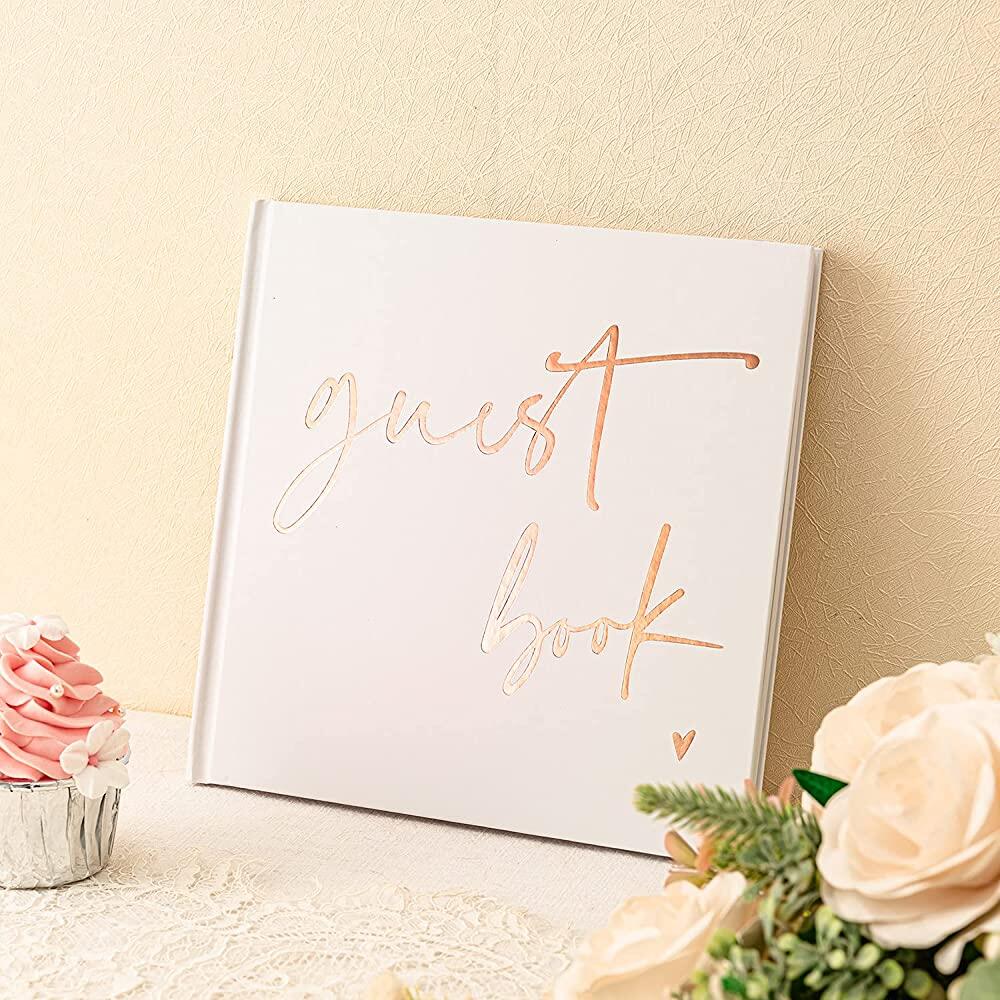 Calculs 웨딩 게스트 북 21.6cm(8.5인치) 정사각형 폴라로이드 사진 이벤트 파티 방명록 샤워 그림책 빈 페이지 레지스트리, 화이트 커버, 로즈 골드 포일 스크립트 38,100원